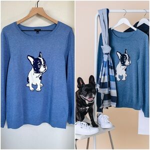 Talbots Blue Sweater with French Bulldog Design